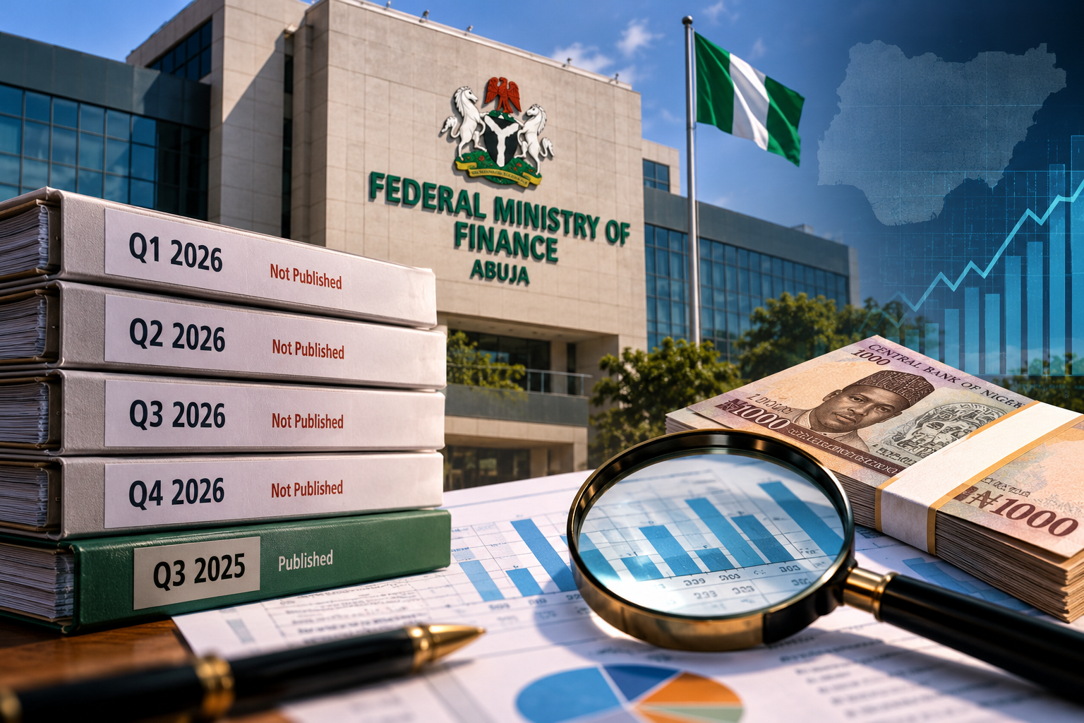 An illustration of Nigeria’s Federal Ministry of Finance, showing unpublished budget reports, financial records and naira notes.
Credit: AI-generated illustration for Openr.