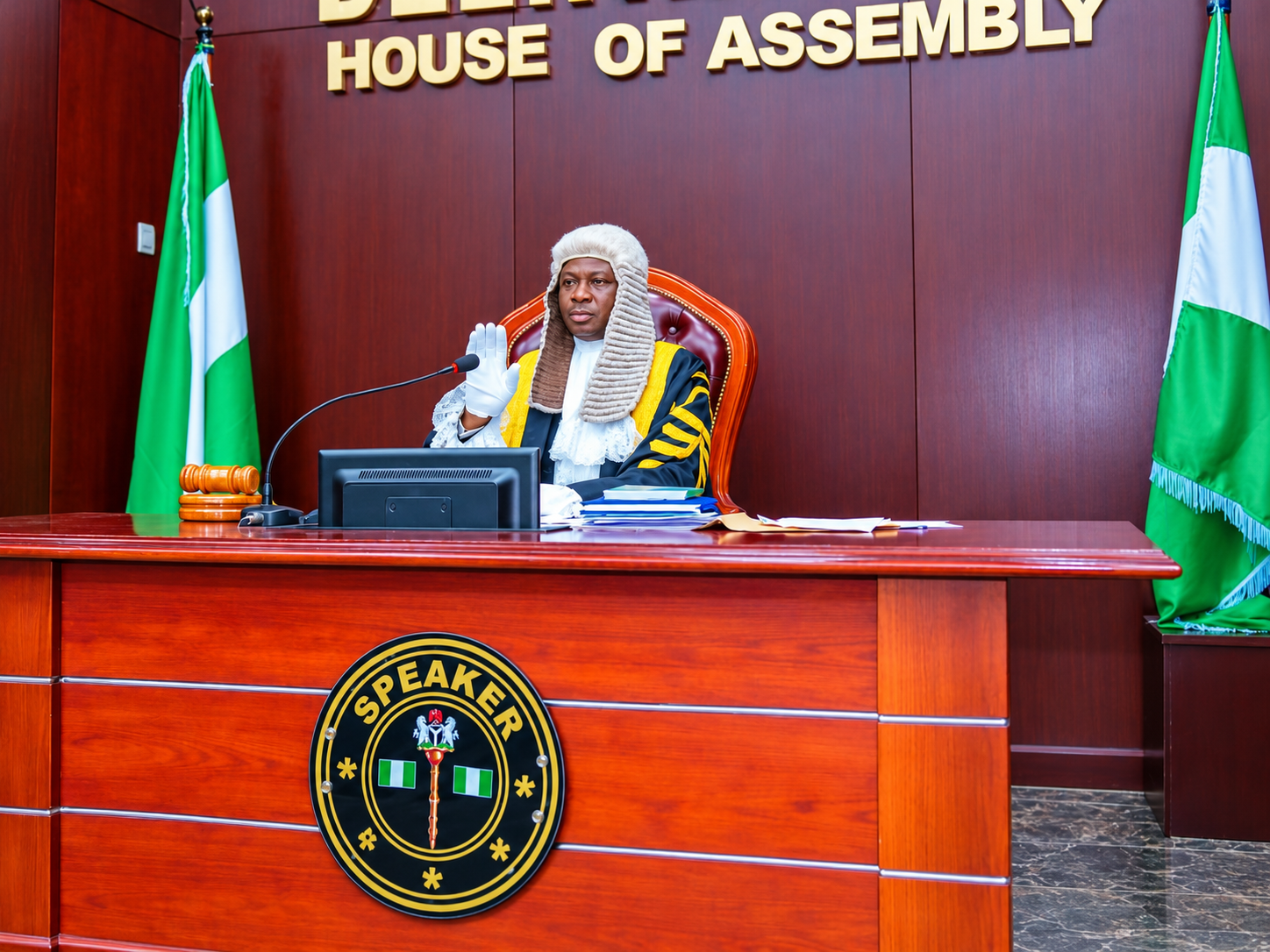 Speaker Emomotimi Guwor presiding over proceedings at the Delta State House of Assembly. Source: Punch