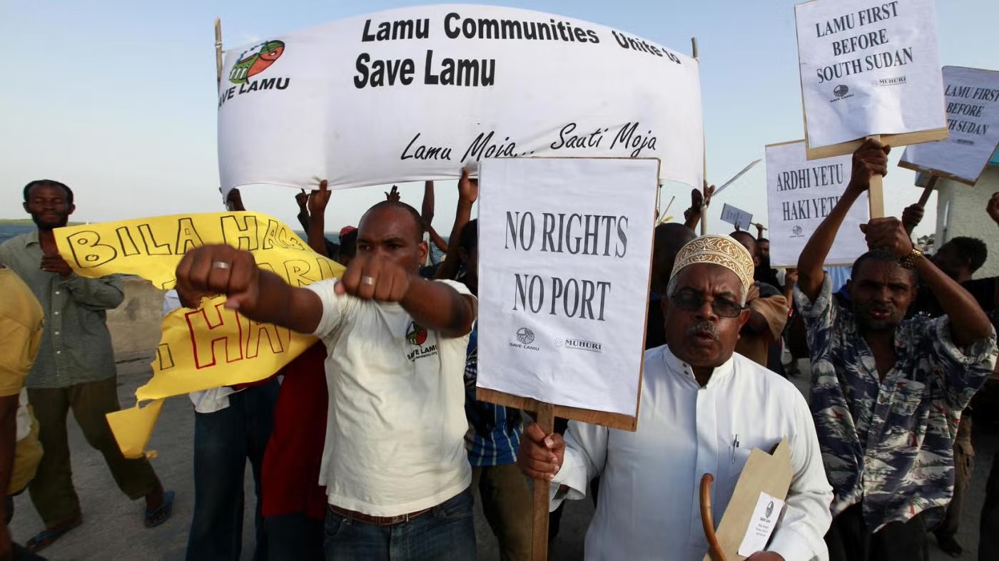 Lamu residents protesting over land rights, consultation and development projects affecting local communities. File image; not from the September 2026 Dangote protest.